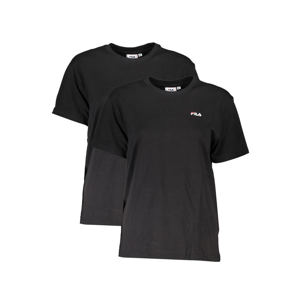 Black t-shirt with red logo on front