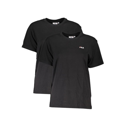 Black t-shirt with red logo on front