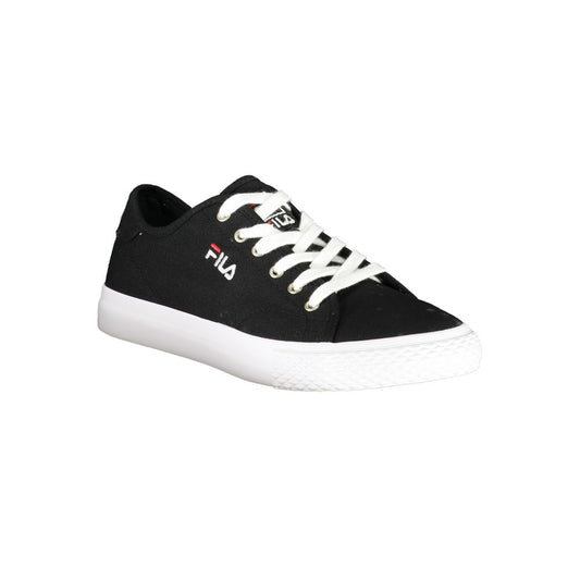 Fila black polyester mens sneaker with white laces, rubber sole, and logo on side
