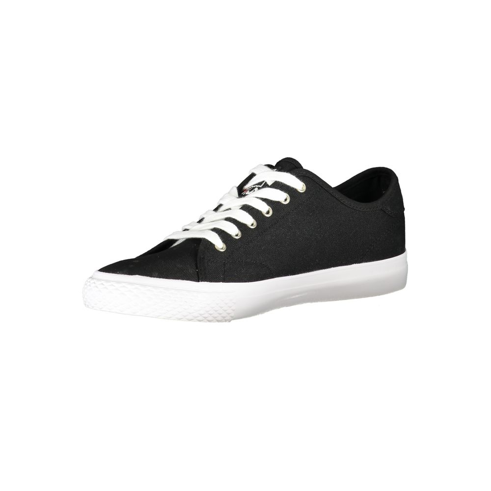 A black polyester men's sneaker with white laces