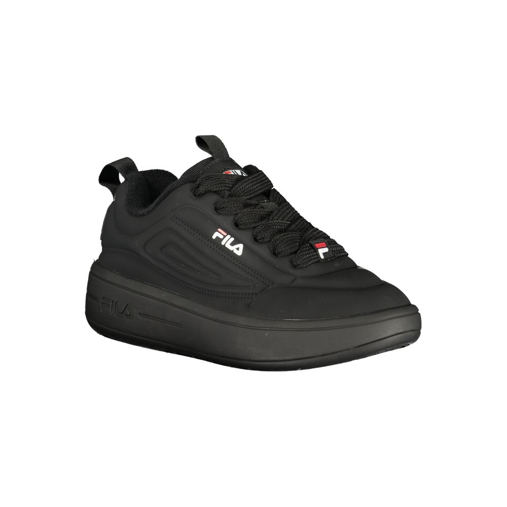 A black Fila women's sneaker with white laces and logo on side