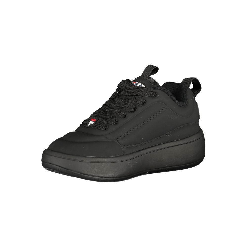 A black Fila women's sneaker with a high top, lace-up closure and a white logo on the side