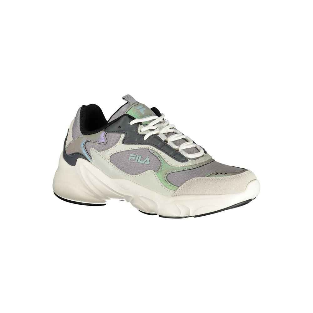 A women's sneaker with a colorful design, featuring a mix of grey, green, and purple hues. The shoe has a lace-up front and i
