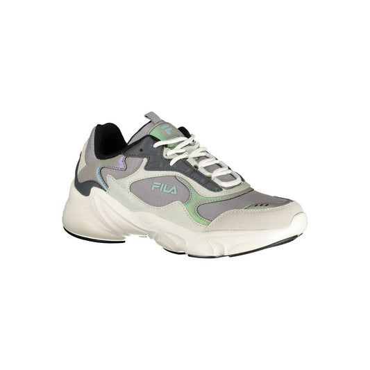 A women's sneaker with a colorful design, featuring a mix of grey, green, and purple hues. The shoe has a lace-up front and i