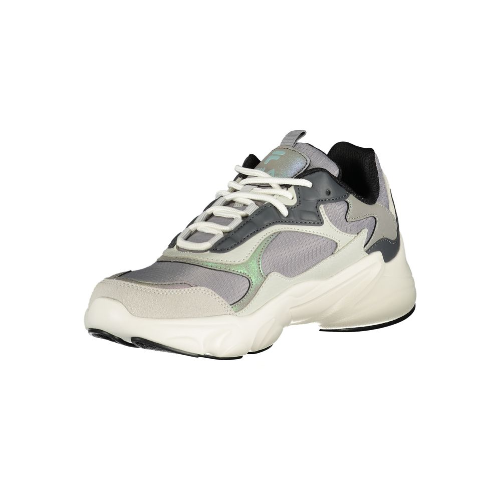 A women's sneaker with a gray upper, white sole, and laces