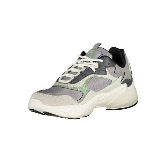 A women's sneaker with a gray upper, white sole, and laces