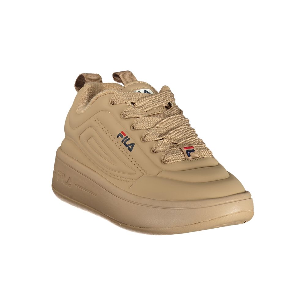 Tan Fila sneakers with white laces, polyurethane sole, and logo on side