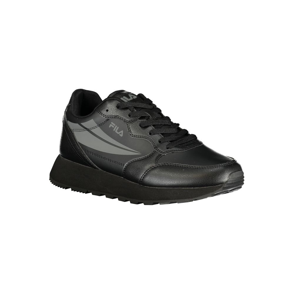 Black Fila sneakers with white laces, polyurethane sole, and logo on side
