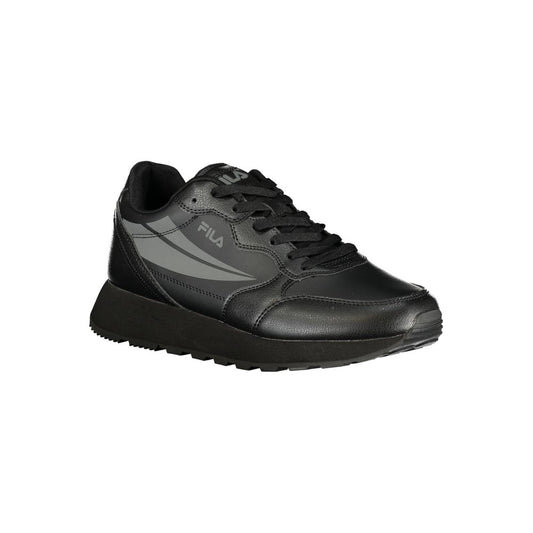 Black Fila sneakers with white laces, polyurethane sole, and logo on side