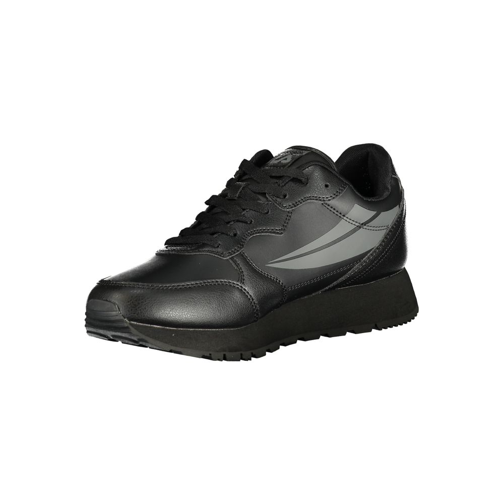 Black polyurethane men's sneaker with white stripe detailing