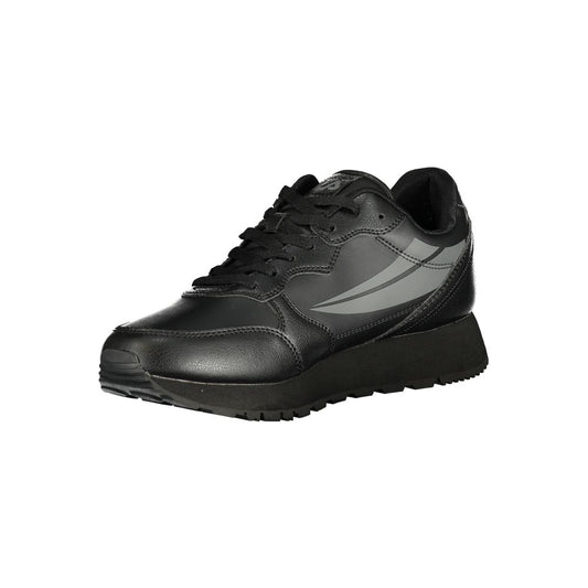 Black polyurethane men's sneaker with white stripe detailing