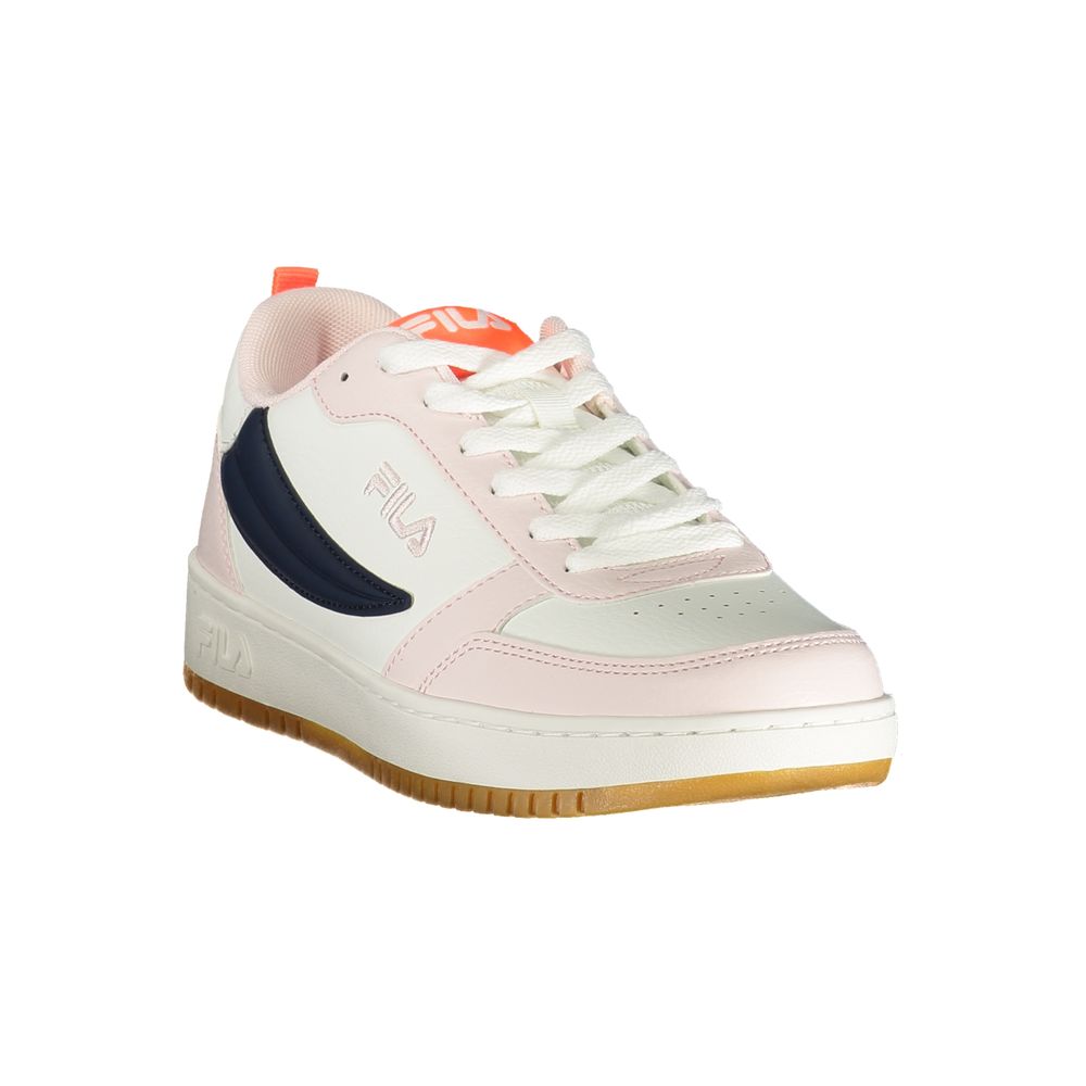 Pink and white Fila sneakers with a low top, lace-up front, and a rubber sole