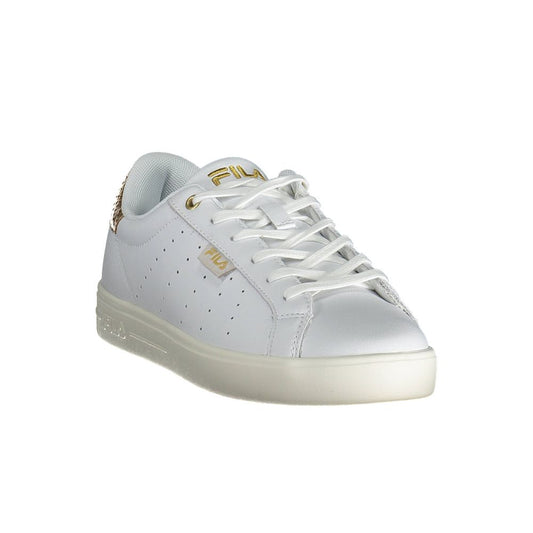 A white leather women's sneaker with a gold logo on the side
