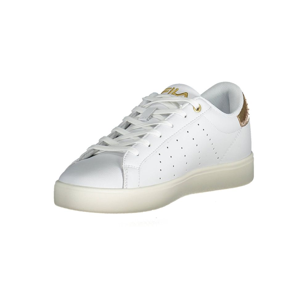A white leather women's sneaker with a gold logo on the side