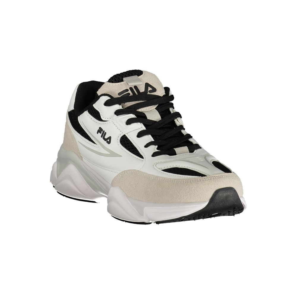 A white and black Fila sneaker with a polyurethane sole