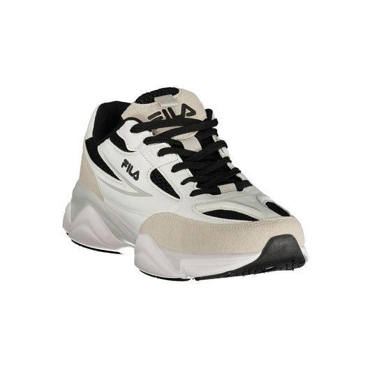 A white and black Fila sneaker with a polyurethane sole