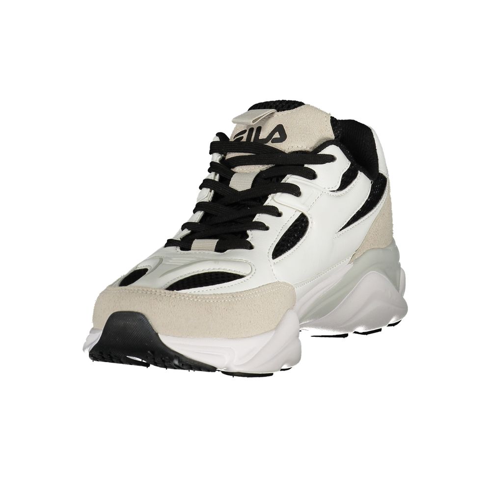 A white and black Fila sneaker with a polyurethane sole
