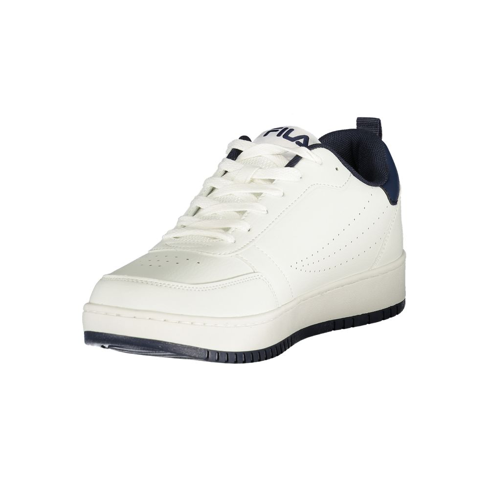 A white Fila sneaker with blue accents, featuring a polyurethane sole and laces
