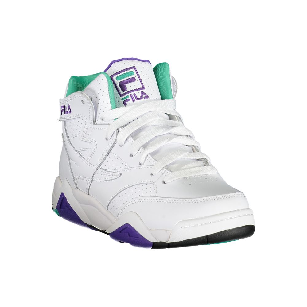 A white Fila sneaker with purple accents, featuring a polyurethane upper and a rubber sole