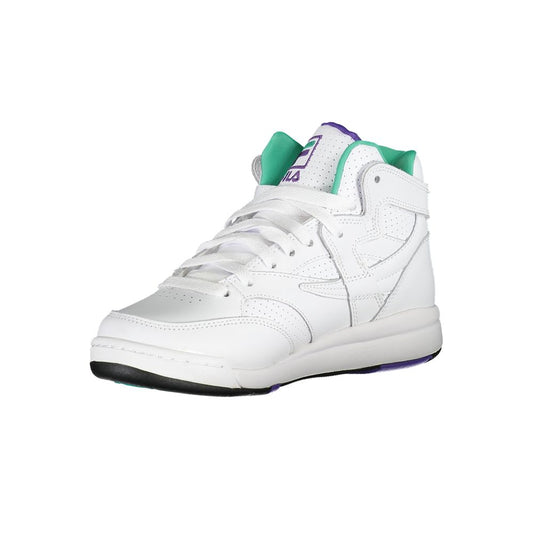 Fila white sneaker with purple laces, polyurethane sole, and logo on side