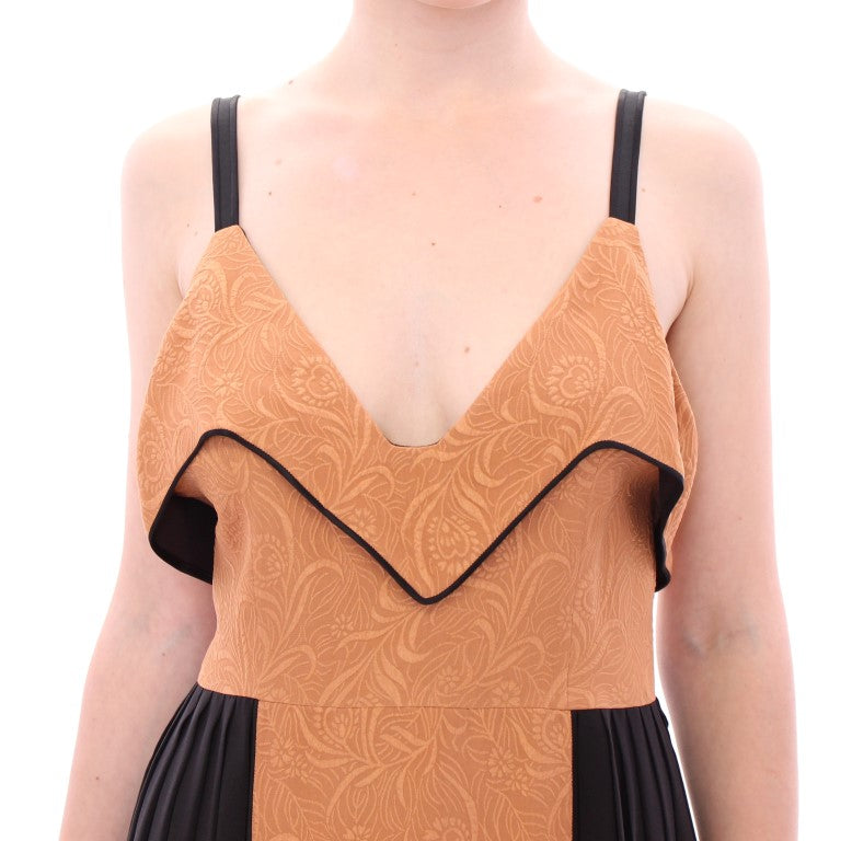 Sleeveless dress with black trim and patterned fabric