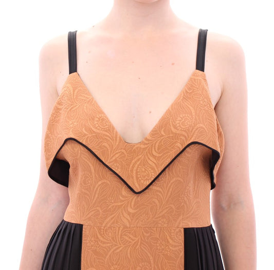 Sleeveless dress with black trim and patterned fabric