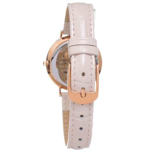 A beige leather watch with a rose gold buckle