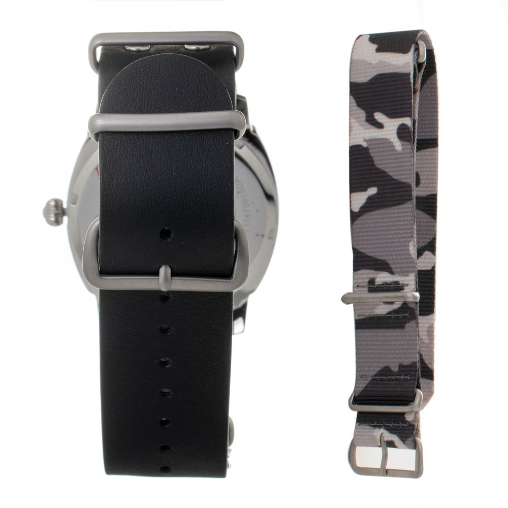 A black leather watch with a camouflage strap
