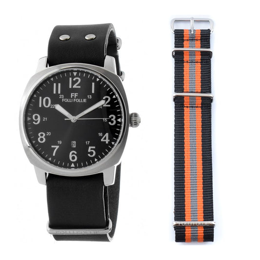 A black leather watch with an orange strap from Folli Follie