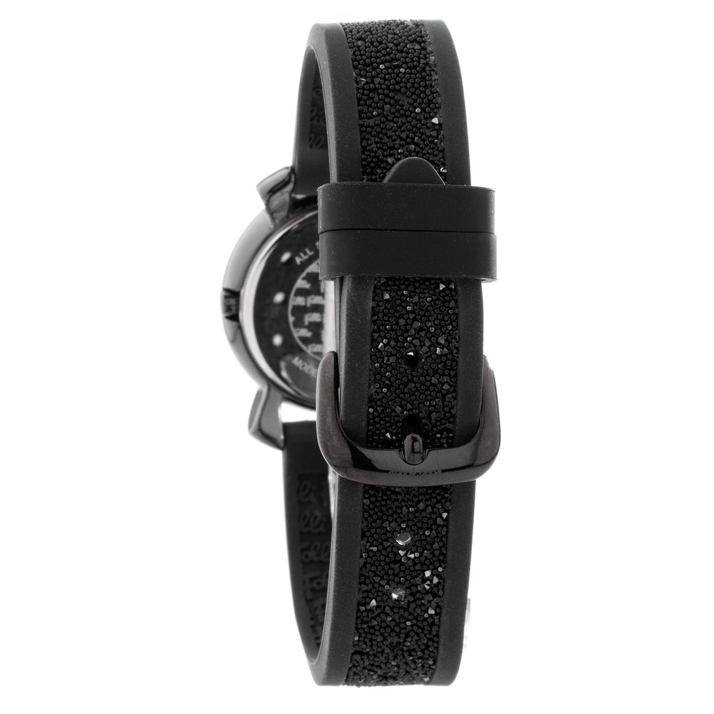 A black plastic watch with a silver face and white hands