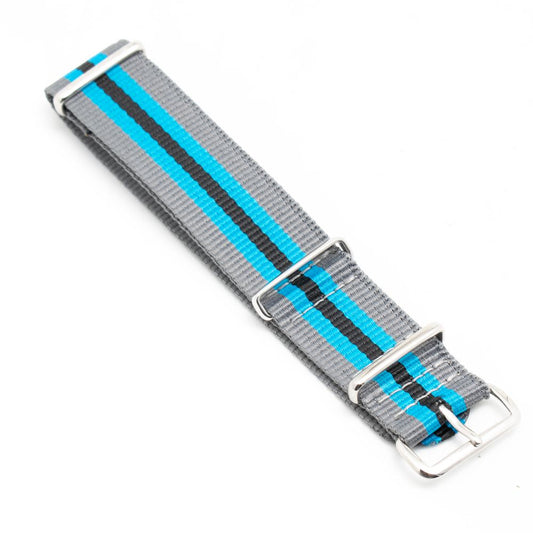 A blue leather watch with silver buckle