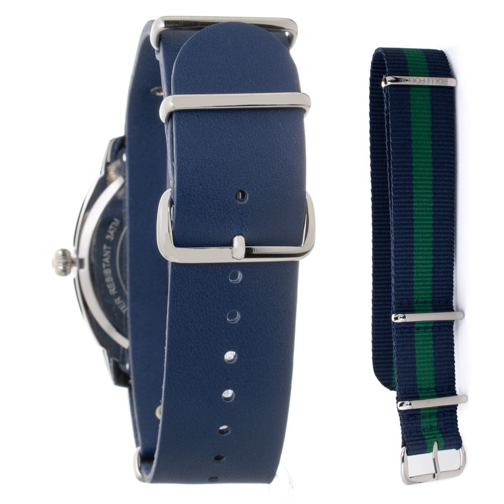 A blue leather watch with a plaid strap