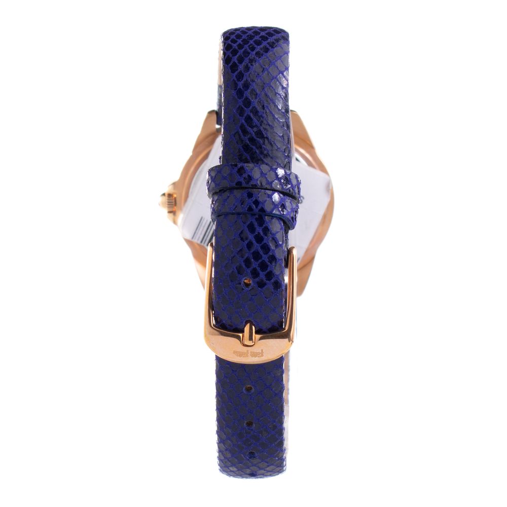 A blue leather watch with a copper buckle