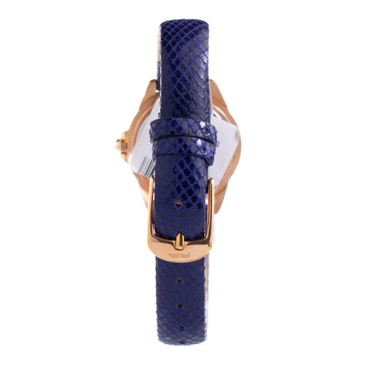 A blue leather watch with a copper buckle