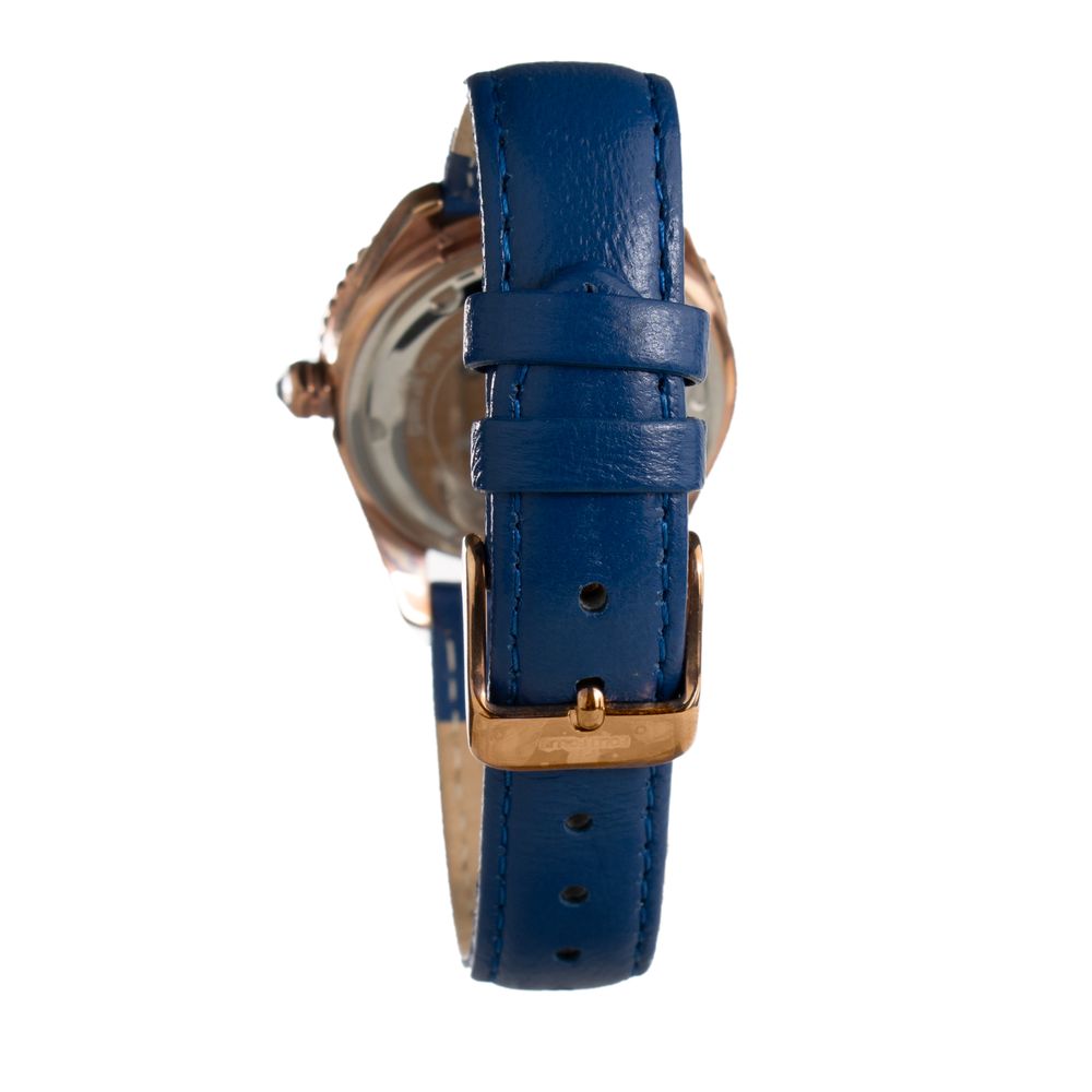 A blue leather watch with a gold buckle