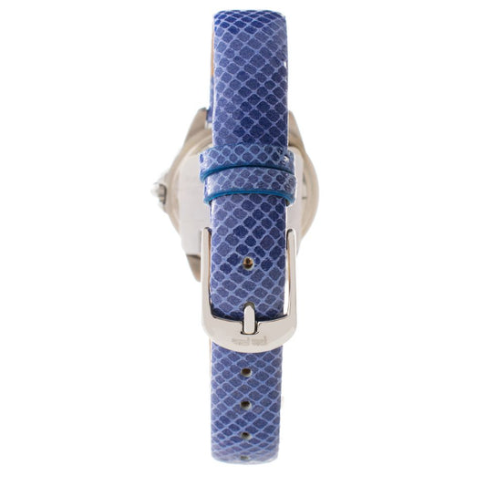 A blue leather watch with a silver buckle