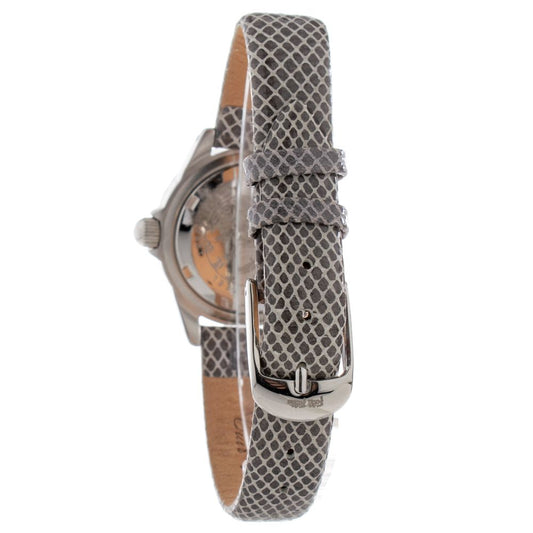 A gray leather watch with a silver buckle