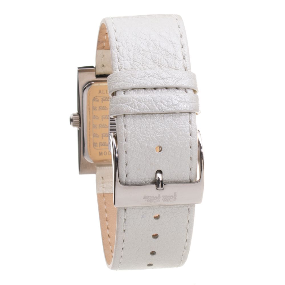A gray leather watch with a silver buckle