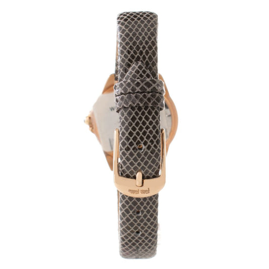 A gray leather watch with a gold buckle