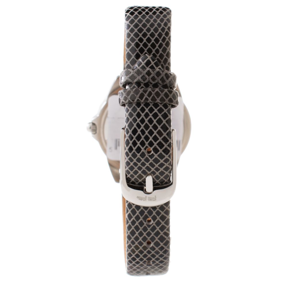 A gray leather watch with a black strap
