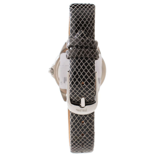 A gray leather watch with a black strap