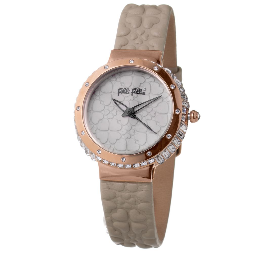 A gray leather watch with a diamond-studded bezel and face, featuring a white dial with black hands and numbers