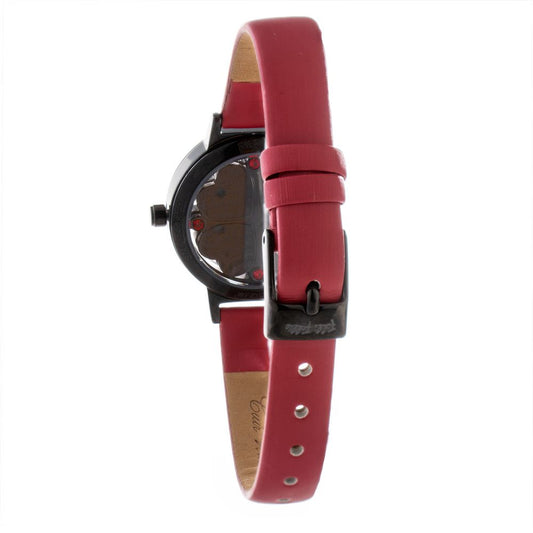 Red leather watch with silver buckle and face