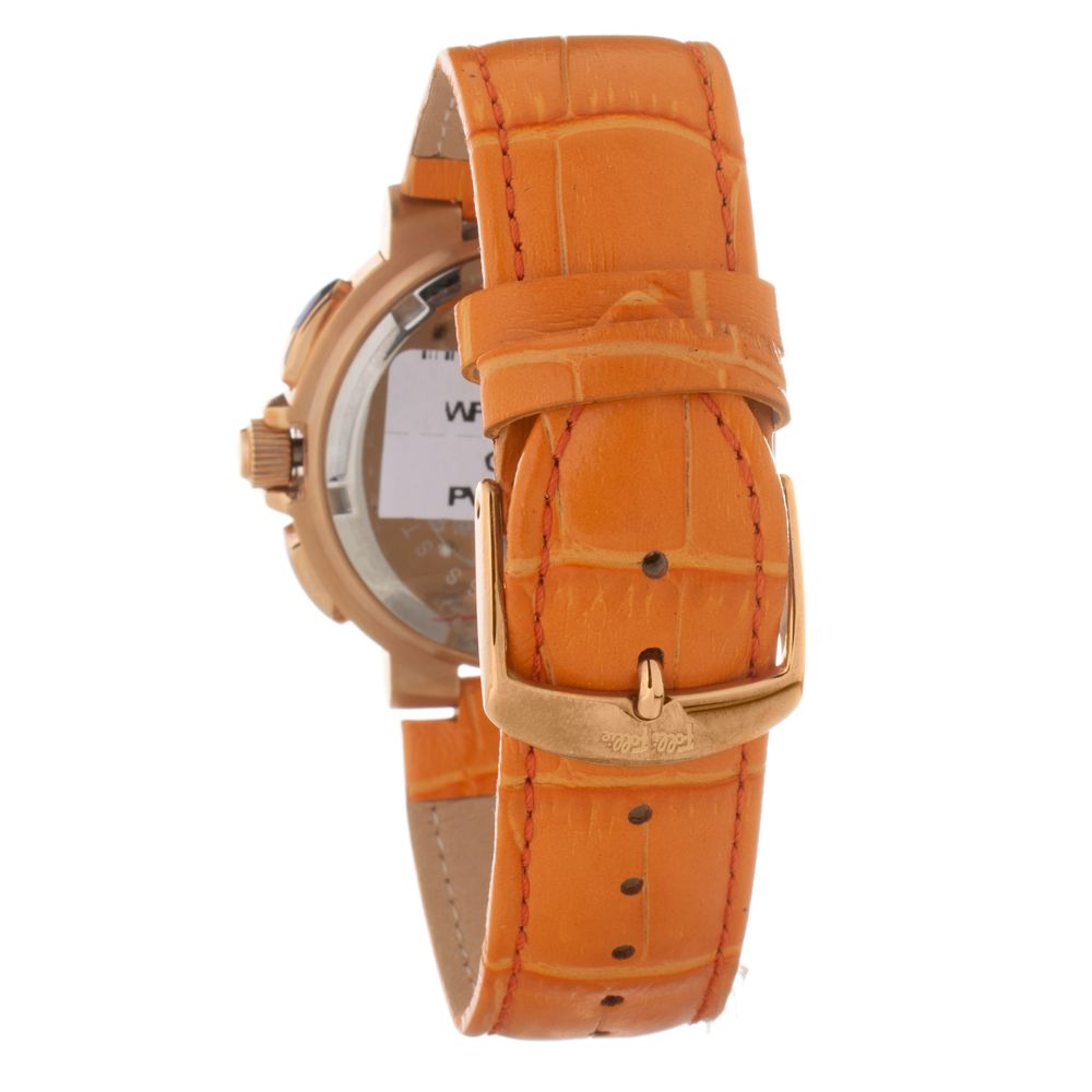 A brown leather watch with a white face and gold accents