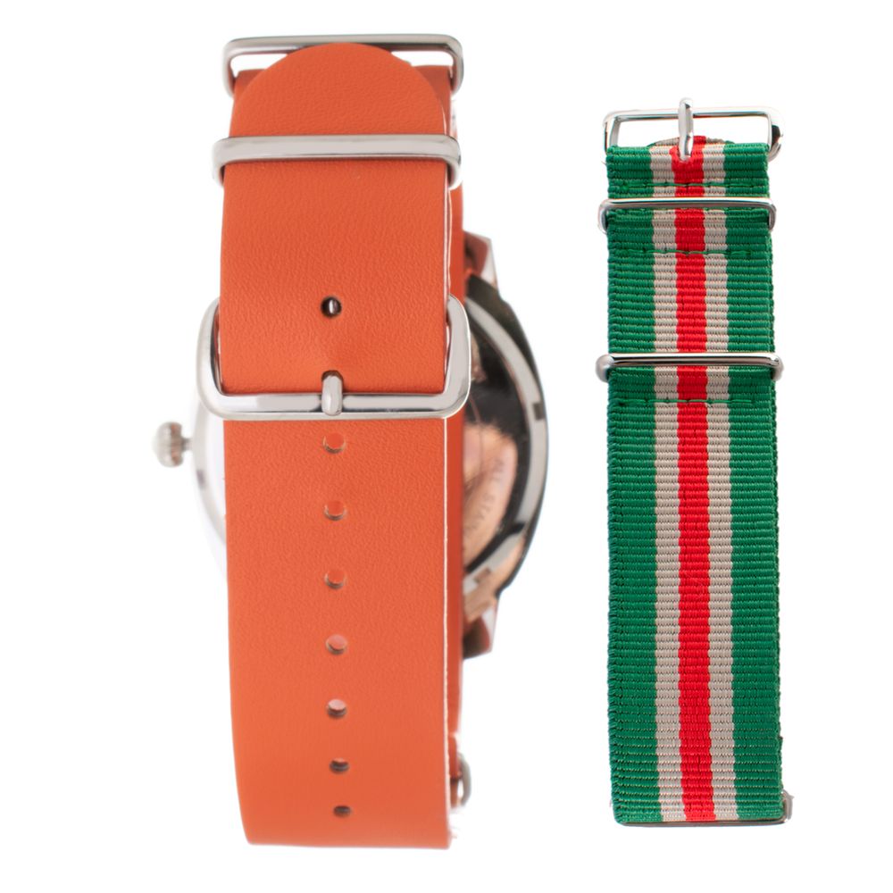 Orange leather watch with green stripe detailing