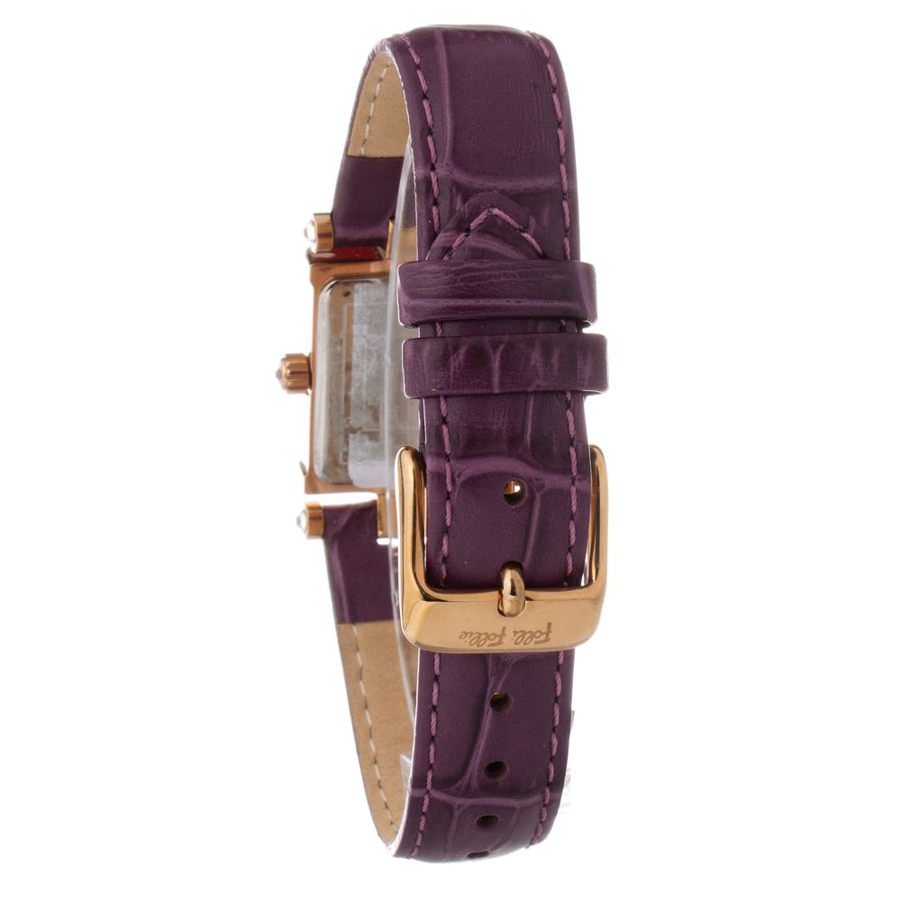 A purple leather watch with a gold buckle