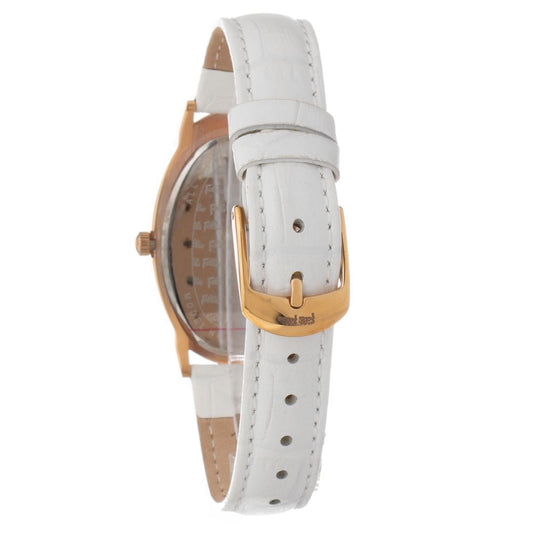A white leather watch with a gold buckle