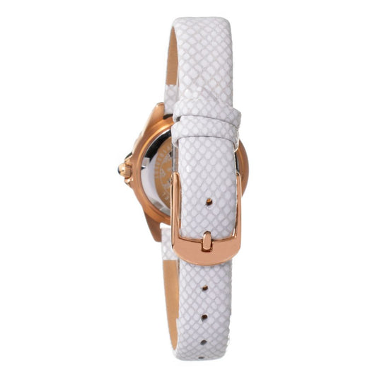 A white leather watch with a gold buckle