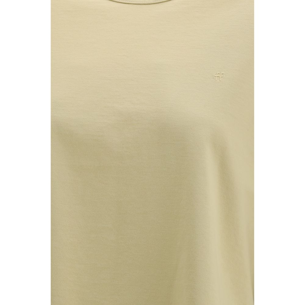 A beige cotton t-shirt with a small logo on the left chest area