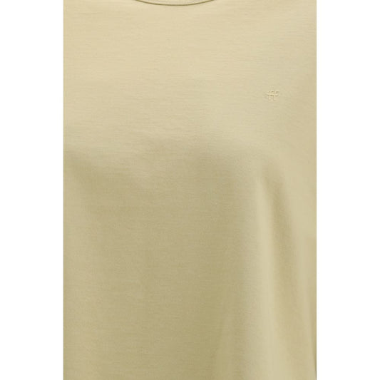 A beige cotton t-shirt with a small logo on the left chest area